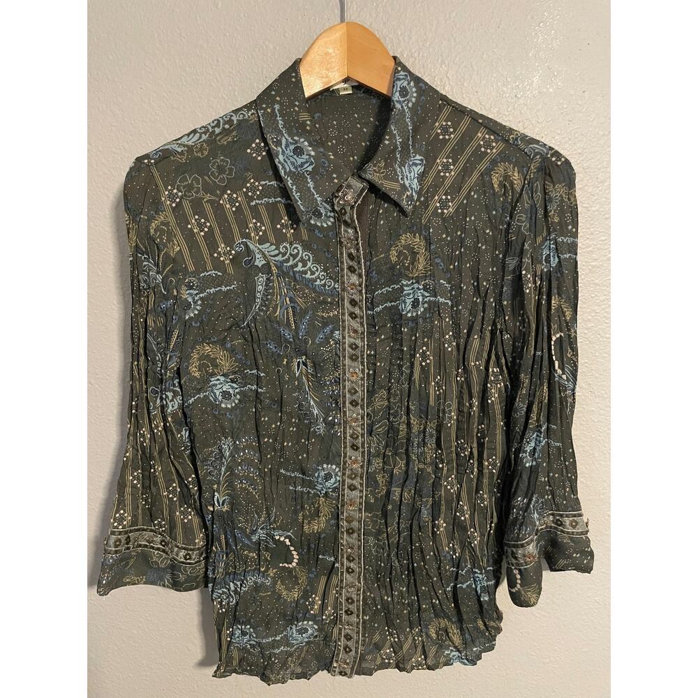 Agora Top Womens Size Medium Pleated Floral Crinkle Boho Embellished Fairy Y2K